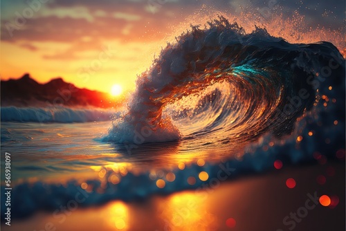 Wave in ocean during sunset