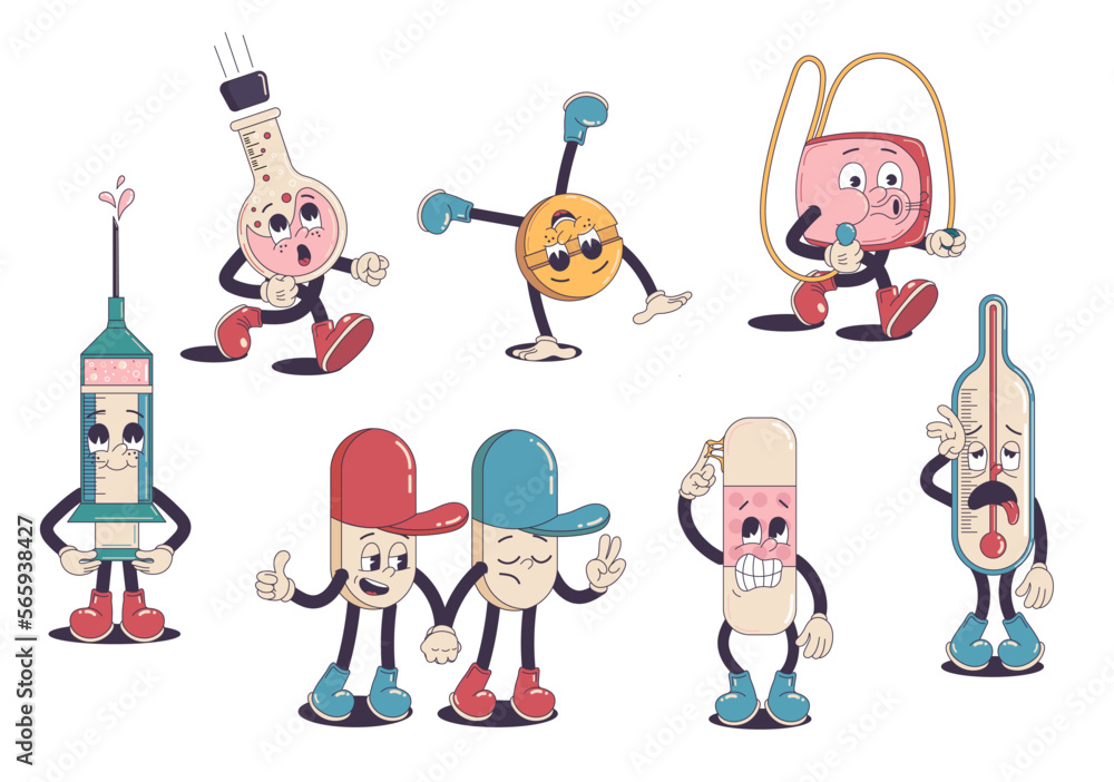 Cartoon medical characters. Funny medicines modern cartoon style with cute faces, hands and legs. Health care and diseases treatment concept. Pills, thermometer, drugs, patch, flask, tonometer. Cartoon medical characters. Funny medicines modern cartoon style with cute faces, hands and legs. Health care and diseases treatment concept. Pills, thermometer, drugs, patch, flask, tonometer.