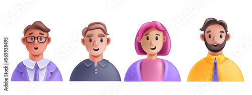 3D profile people vector avatar icon set, men woman happy face young male female cartoon character. Office colleague team concept smiling freelance workers portrait. 3D people cheerful expression head