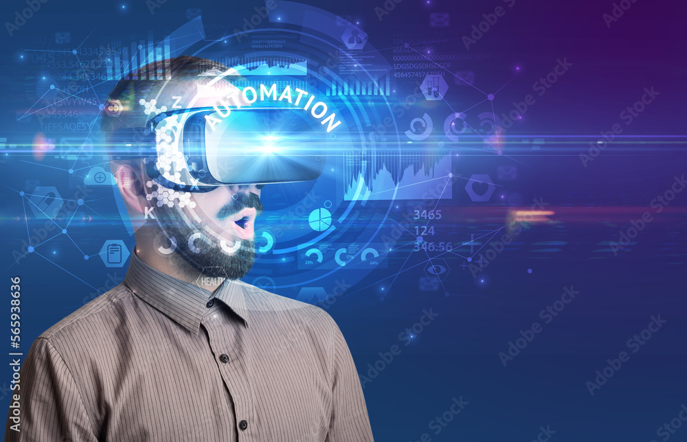 Businessman looking through VR glasses Businessman looking through VR glasses