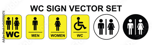 WC Sign Vector Set. Woman, man and disabled person sign for restroom. Flat vector illustration symbols black yellow color and black white color.