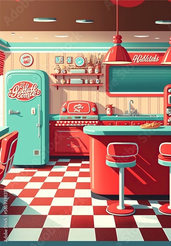 cartoon illustration, american style coffee shop interior, generative AI