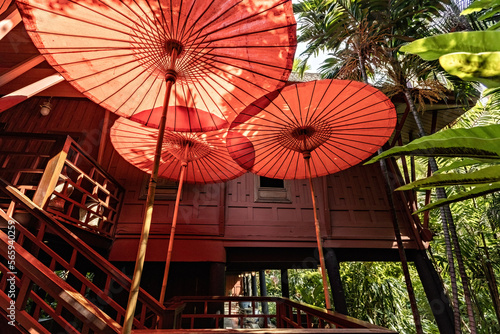 Exterior details of Jim Thompson house details and the garden in Bangkok, Thailand photo
