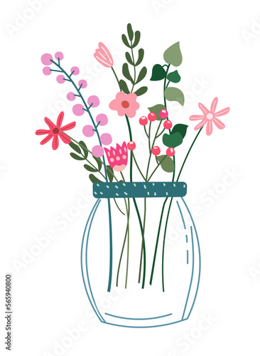 A bright bouquet of wild flowers in a glass jar on a white background. Spring flowering. Minimalist postcards for celebrating Mother's Day, spring, birth, wedding, etc. Vector illustration