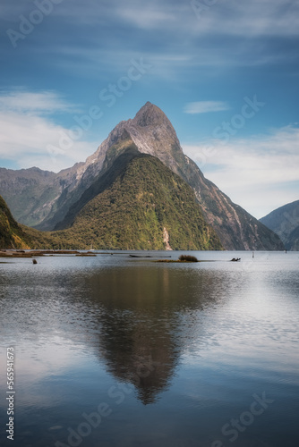 Sunshine on Mitre Peak at Milford Sound in Fiordland in the South Island of New Zealand