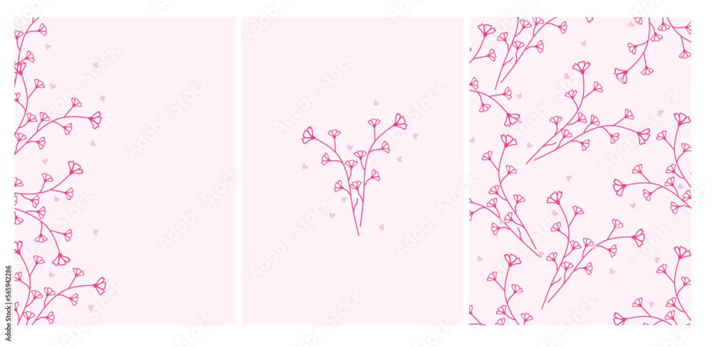 Combo of postcards with pink field flowers. Floral cards for celebrating birthdays, weddings, Mother's Day, spring, etc. Vector illustration. Combo of postcards with pink field flowers. Floral cards for celebrating birthdays, weddings, Mother's Day, spring, etc. Vector illustration.