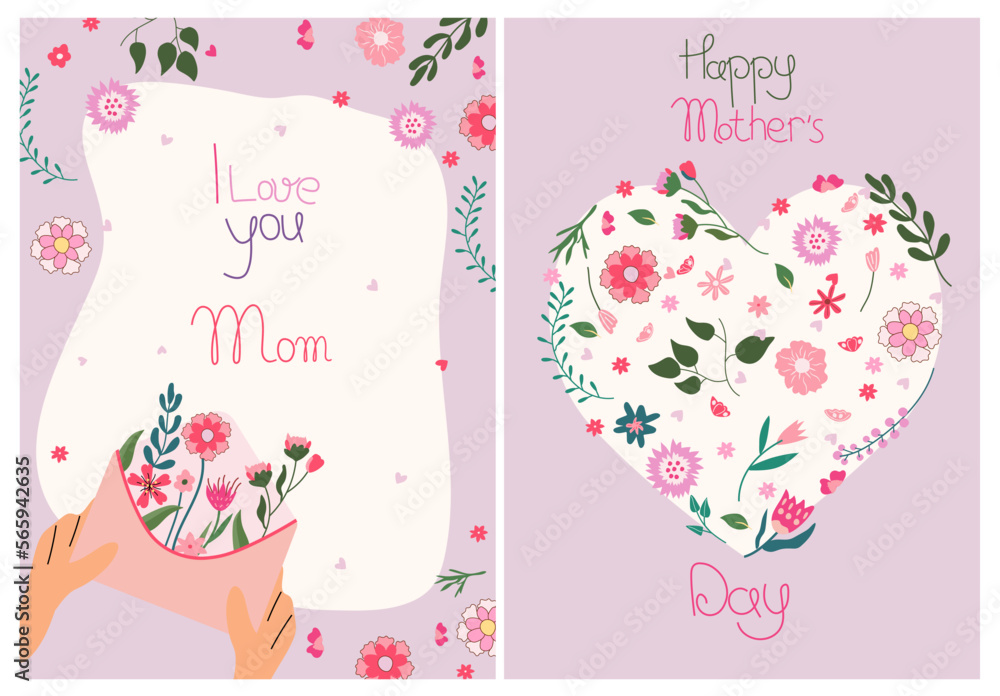 A heart of wildflowers and a bouquet inside an envelope. Mother's Day greeting cards. Bright compositions suitable for banners, posters, cards. Vector graphics