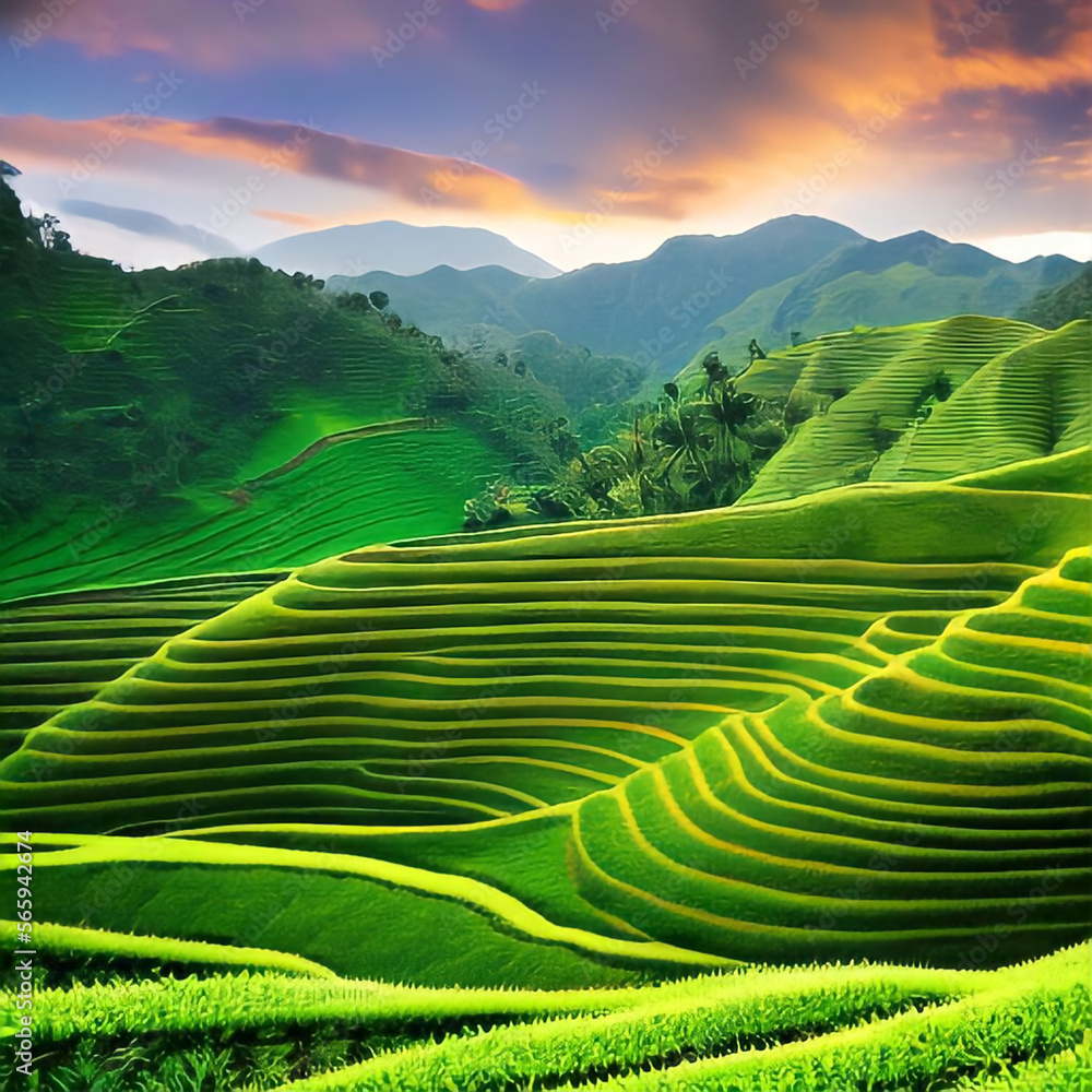 Green terraces beautiful landscape of Asia. Generated AI. Green terraces beautiful landscape of Asia. Generated AI.