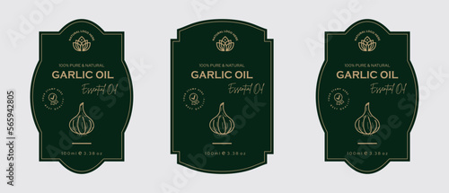 Garlic oil label design skin care oil label design and beauty products, herbal ingredients. Garlic Labels with sketches, and package emblem. Green gold premium vector illustration.