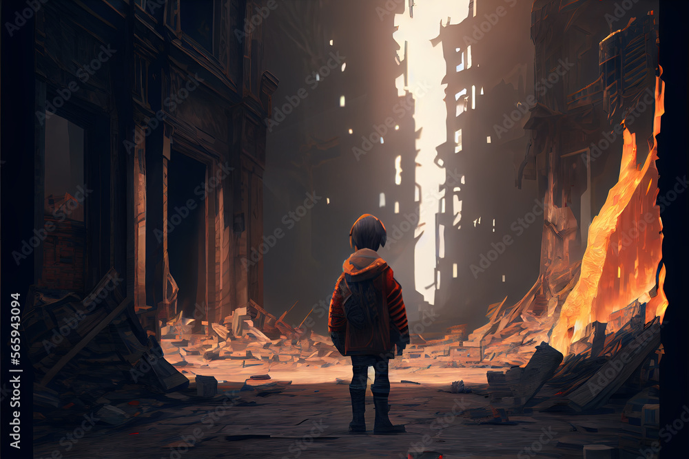 Lone child walking in destroyed city