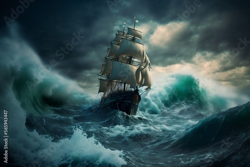 Ancien voilier pris dans une grosse tempête en plein mer - illustration ia photo