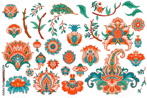Classic Indian flower in decorative style for textile and prints, vector elements, vintage