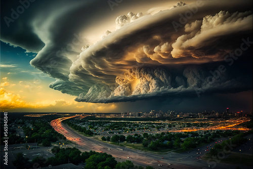 Supercell thunderstorm over Austin, Texas. City landscape. Generative AI