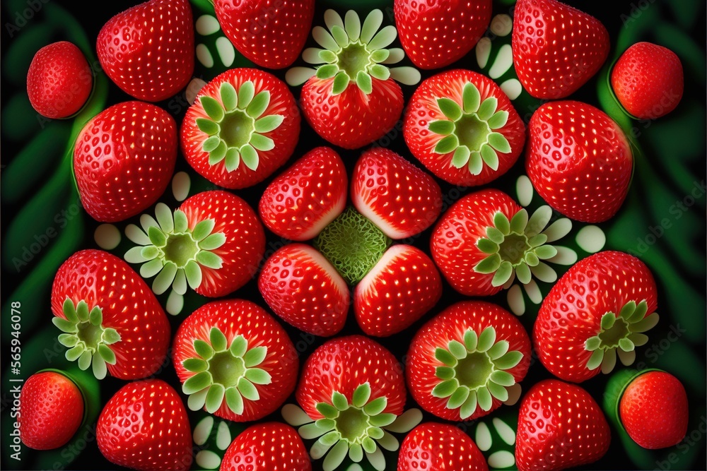 a group of strawberries arranged in a circle on a green background with leaves and flowers on the top of the image and bottom half of the image. generative ai a group of strawberries arranged in a circle on a green background with leaves and flowers on the top of the image and bottom half of the image. generative ai