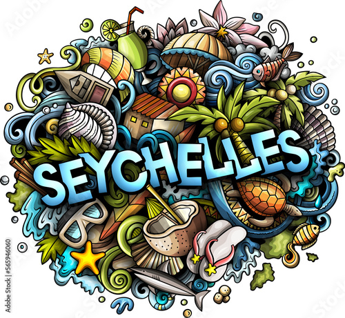 Seyshelles detailed lettering cartoon illustration