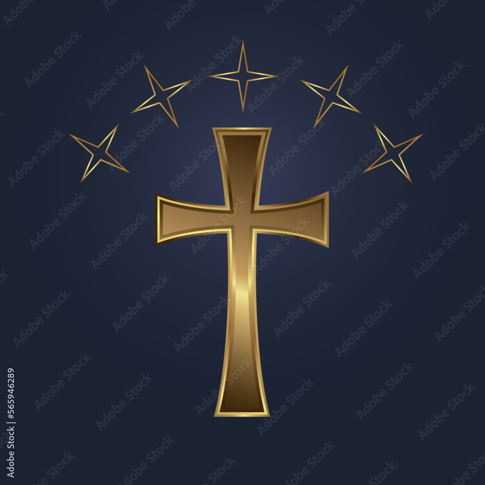 Five star on the top of holy cross symbol with gold color, Premium holy cross icon, symbol for protection of soul and spirit vector illustration