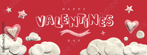 Poster or banner with clouds, stars and plasticine hearts on a red background. Promotion and shopping template or background for love and valentine's day concept. 3D illustration, cute dough shape.