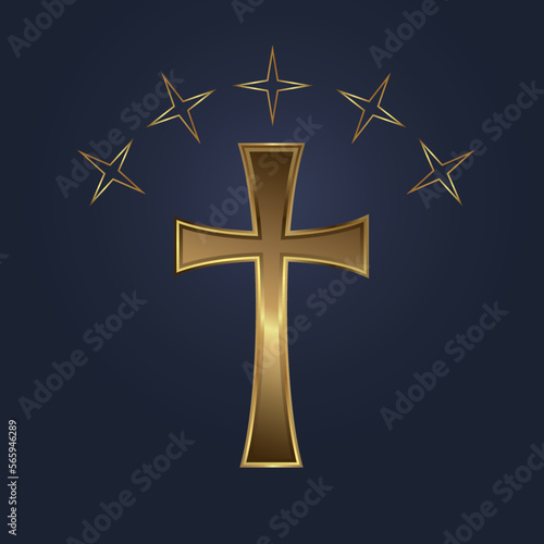 Five star on the top of holy cross symbol with gold color, Premium holy cross icon, symbol for protection of soul and spirit vector illustration