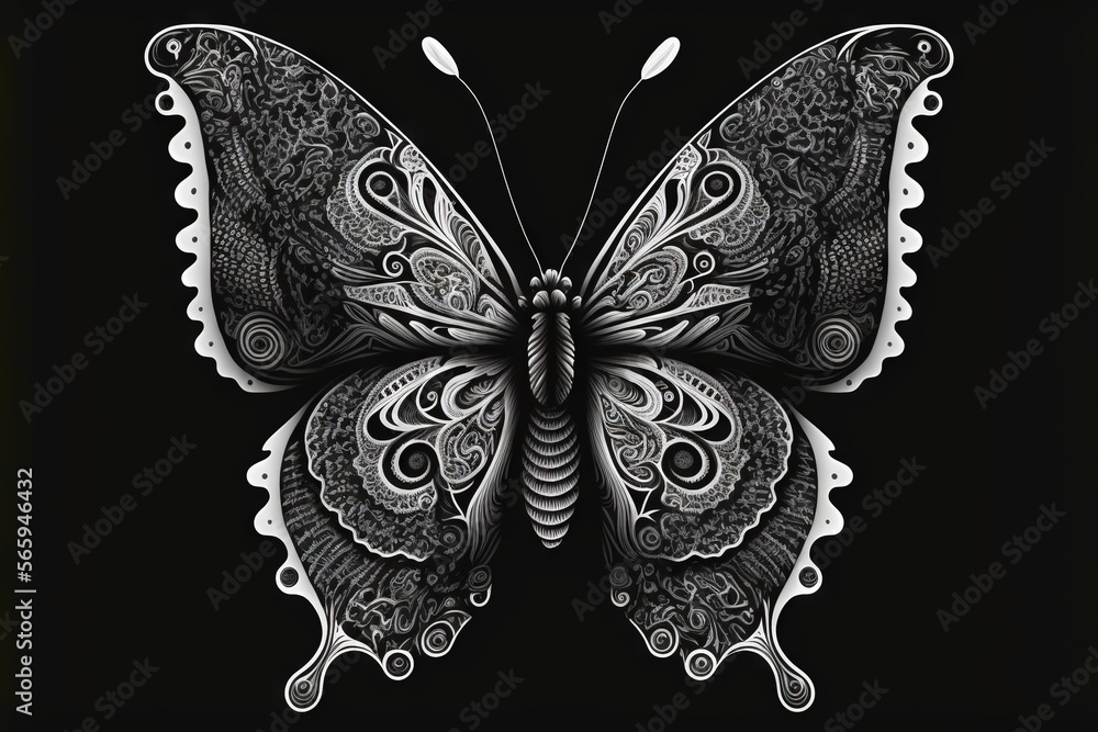 a black and white butterfly with intricate patterns on it's wings, on a black background, with a white border around the wings. generative ai a black and white butterfly with intricate patterns on it's wings, on a black background, with a white border around the wings. generative ai