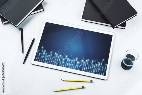 Creative concept of microscheme illustration on modern digital tablet screen. Big data and database concept. Top view. 3D Rendering