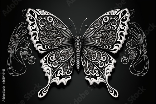  a black and white butterfly with intricate designs on it's wings, on a black background, with a white outline of a butterfly. generative ai