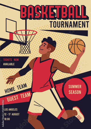 Basketball match poster. Professional athlete preparing to score goal in basket, event advertising banner, tournament or championship sport match, tidy vector cartoon flat style concept