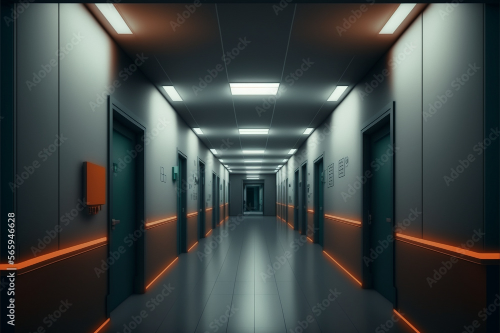 Long dark hospital corridor with rooms and seats 3D rendering. Empty accident and emergency interior with bright lights lighting the hall from the ceiling Long dark hospital corridor with rooms and seats 3D rendering. Empty accident and emergency interior with bright lights lighting the hall from the ceiling