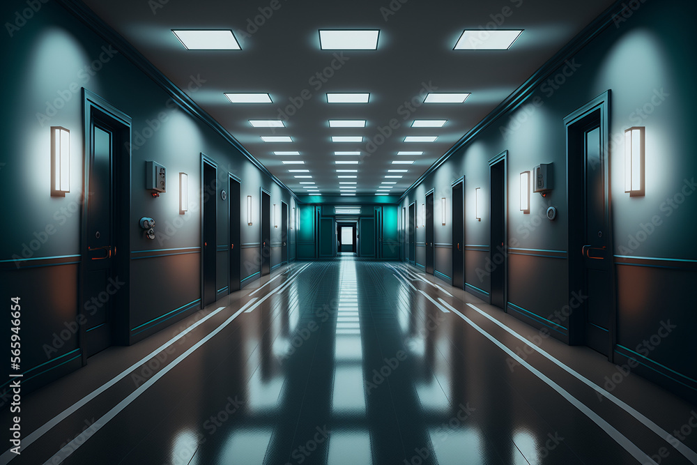 Long dark hospital corridor with rooms Long dark hospital corridor with rooms