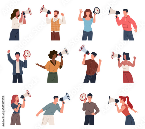People speak into megaphone. Different flat people characters hold loudspeakers in hands, event alert, audio announcing, men and women shouting message, nowaday vector isolated set