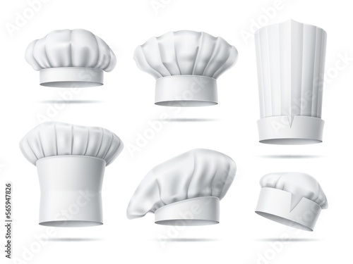Realistic chefs hats. Professional cooks toques, isolated headgears, working uniform 3d element, restaurant kitchen accessory, traditional textile costume for restaurant, utter vector set