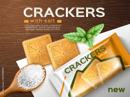 Salty crackers poster. Realistic baking product with basil and salt, isolated snacks with package top view, savoury square cookies, wood background advertising banner, 3d utter vector concept