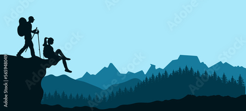 Blue landscape background banner panorama illustration vector drawing - View with black silhouette of mountains, hills, forest trees firs and two hikers ( woman and man hiking ) on rock
