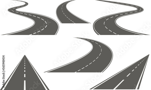 Road with white markings. Highway icons. Asphalt highway.