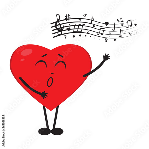 Cartoon character heart sings a song, vector isolated illustration
