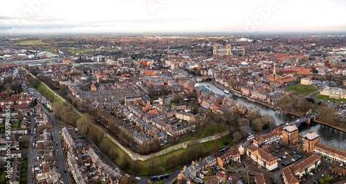 Aerial skyline view of York city walls with York Minster in the distance photo