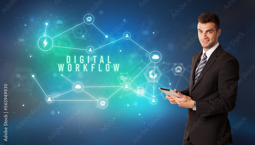 Businessman thinking about technology concept Businessman thinking about technology concept