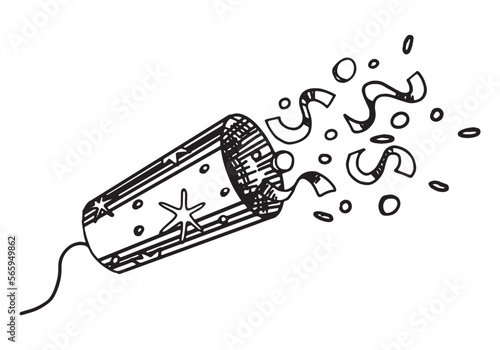 Party popper with confetti hand drawn vector illustration. Celebration party holidays attribute outline clipart isolated on white background.