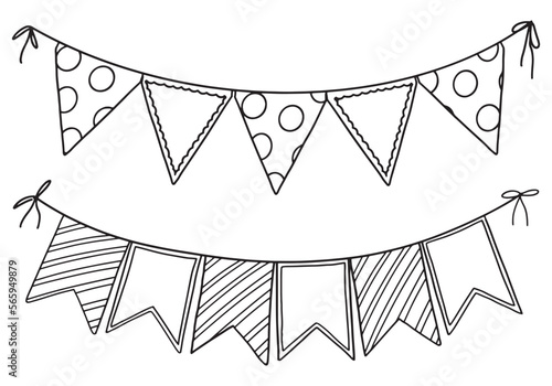 Festive bunting flags. Flag garland hand drawn vector illustration. Celebration party holidays decor, outline cliparts isolated on white background.