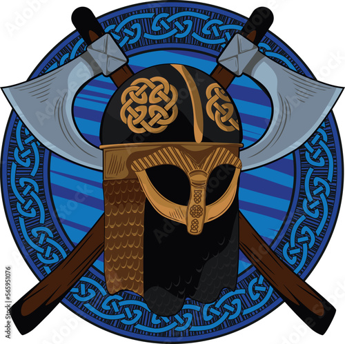 Celtic helmet. Barbarian weapon. Axe. Medieval.Vector isolated, composition. photo