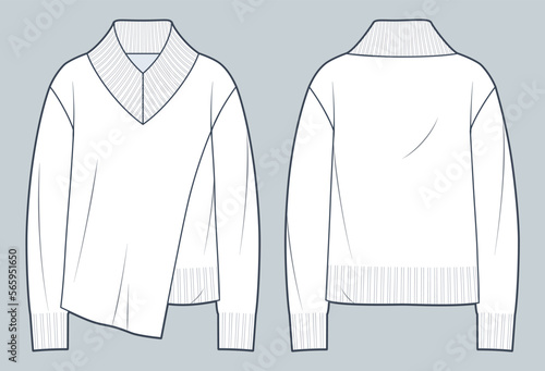 Sweater, Jumper technical fashion illustration. Asymmetric Sweatshirt fashion flat technical drawing template, overfit, v neck, front and back view, white, women, men, unisex CAD mockup.