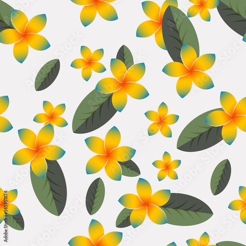 Plumeria tropical. Seamless cute pattern with exotic yellow flowers and leaves on a light gray background. Floral design. 