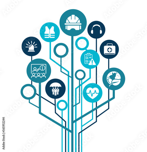 Health Safety and Environment Icon Set and Web Header Banner. icons related to industrial accident prevention, workplace safety training, industrial regulations, hazard warning, protective equipment.