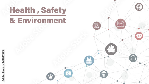Health Safety and Environment Icon Set and Web Header Banner. icons related to industrial accident prevention, workplace safety training, industrial regulations, hazard warning, protective equipment.