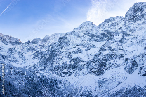 View of the mountain range from Morskie Oko. Morskie oko mountain lake in High-Tatras,