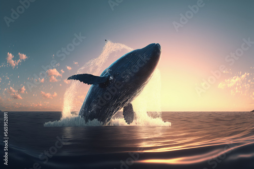 A beautiful large whale jumping out of the water, sunset in the background. Generative ai © Lukas Juszczak