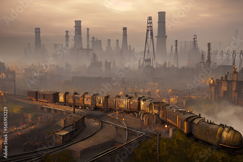 Steampunk City With Industries and Trains 0- Background for Level Design, RPG and Indie Games (AI) photo