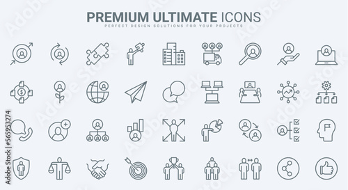 Business cooperation thin line icons set vector illustration. Outline human resource development, problem solving and company risk insurance, team building and management, leadership assistance
