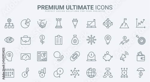 Business strategy thin line icons set vector illustration. Outline activity process and organization of corporate company growth, control goal solution and idea, assessment of trends and sales funnel