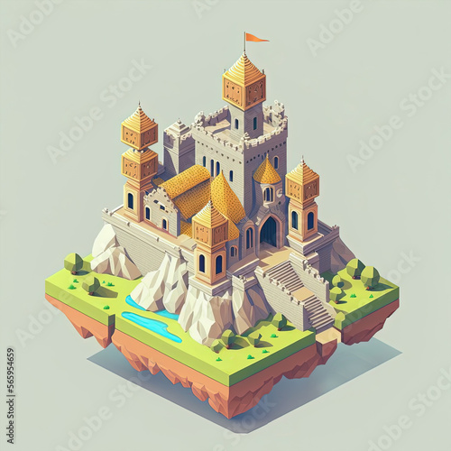 Cartoon isometric medieval castle with towers and gates  Generative AI