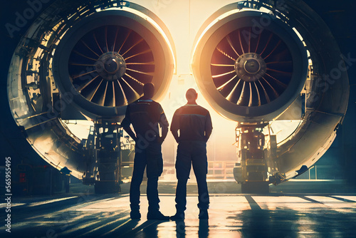 Wartungstechniker die ein Flugzeug in der Reparaturwerkstatt repariert - Generative Ai